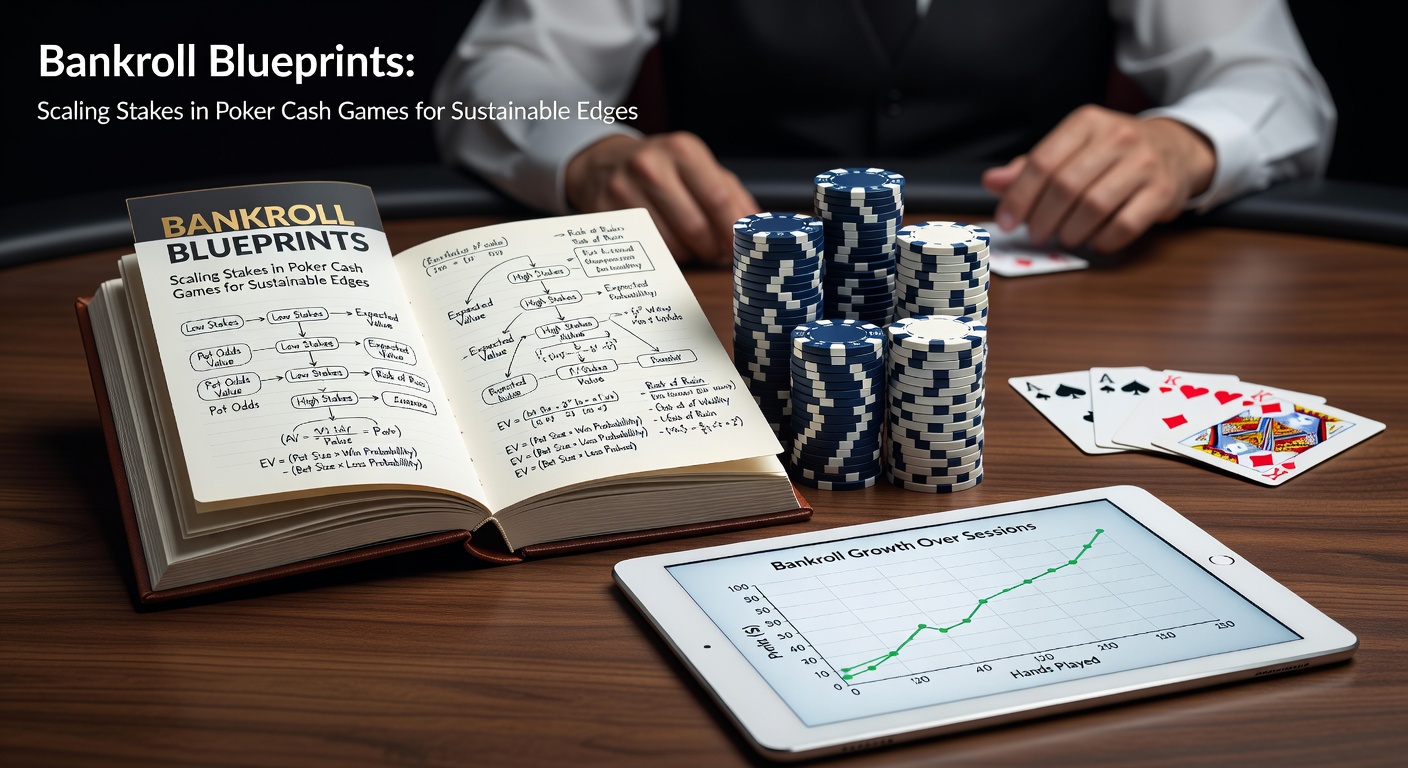 Poker players huddled around a cash game table, chips stacked high as they strategize stake adjustments amid intense play