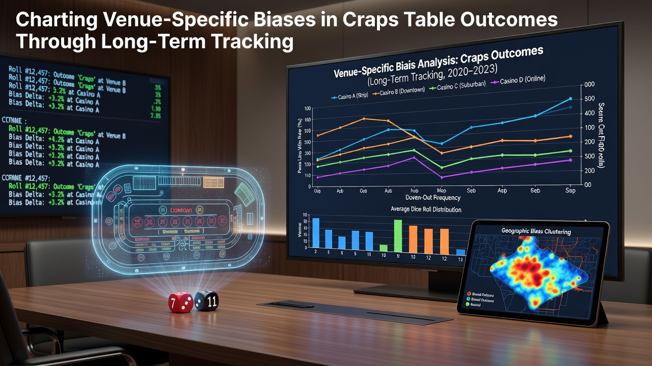 Craps table layout with dice and data tracking sheets at a casino venue