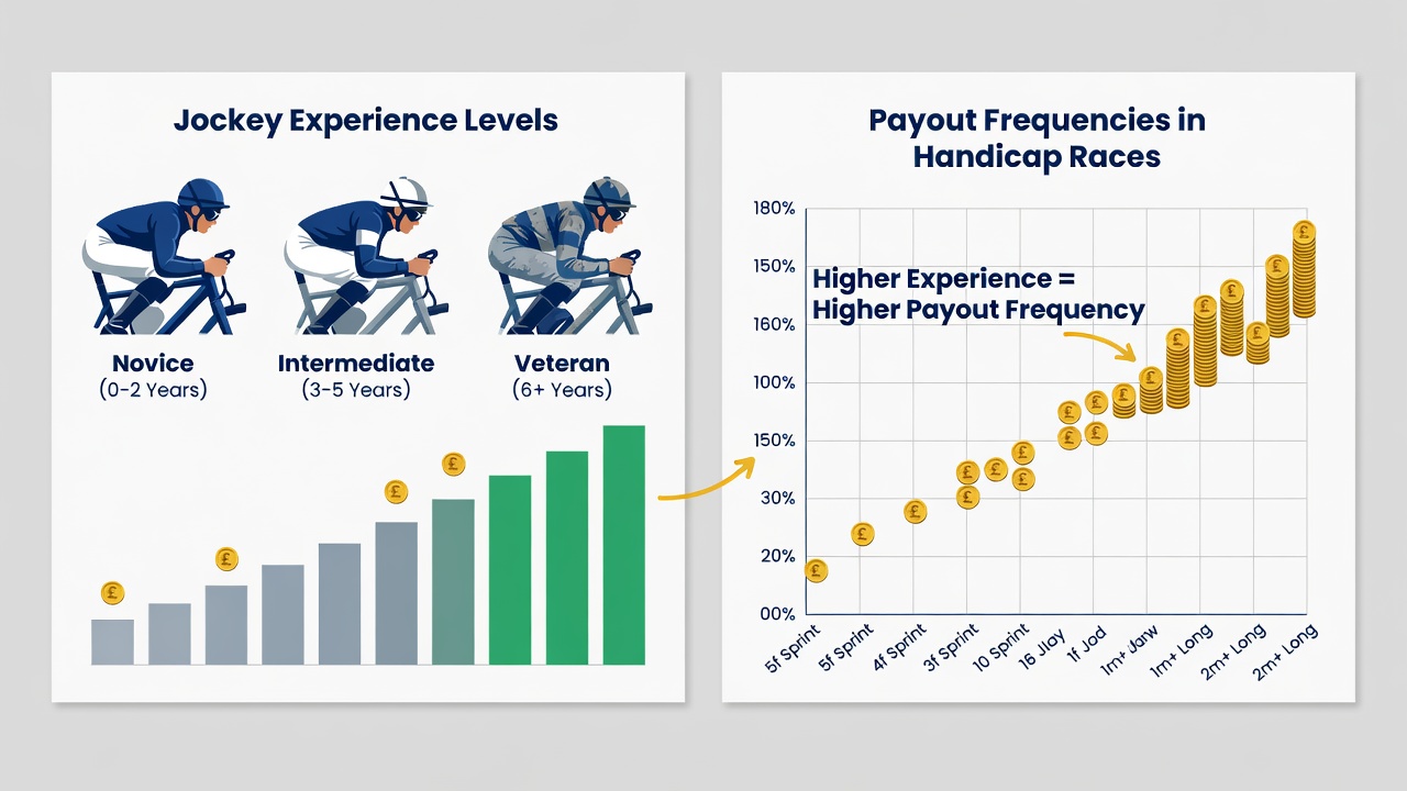 Data charts displaying jockey experience levels plotted against payout percentages in handicap events