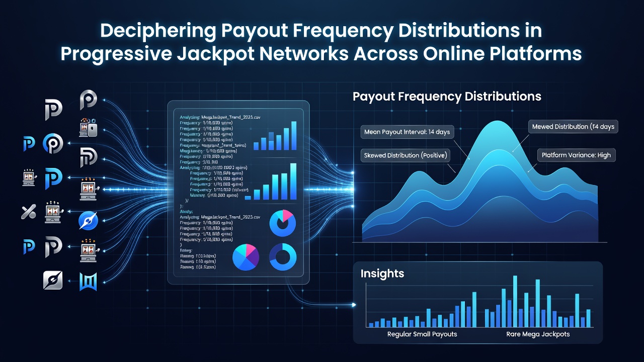 Illustration of interconnected progressive jackpot networks showing payout distribution graphs and frequency data across multiple online platforms