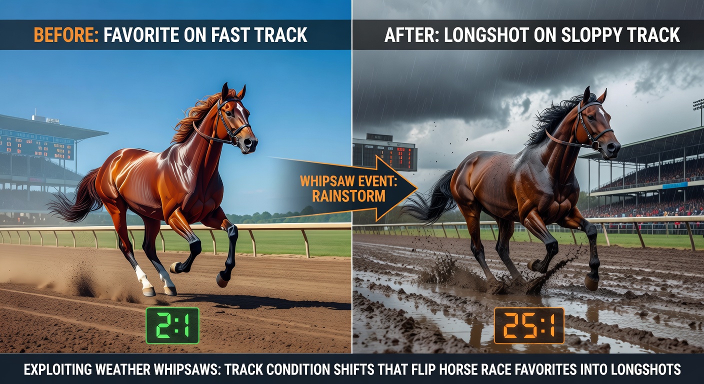 A muddy horse racing track after sudden rain, with horses splashing through slop while favorites struggle