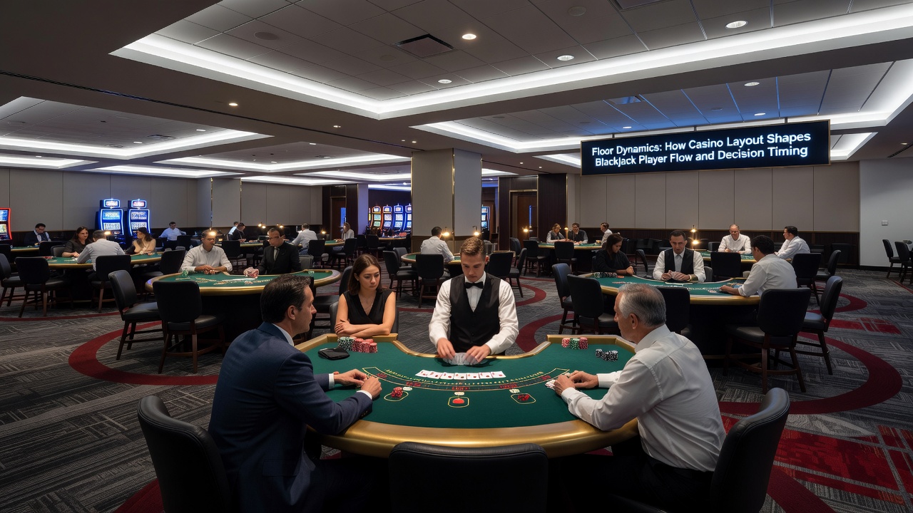 Blackjack tables with players making decisions under varied lighting and pathway conditions