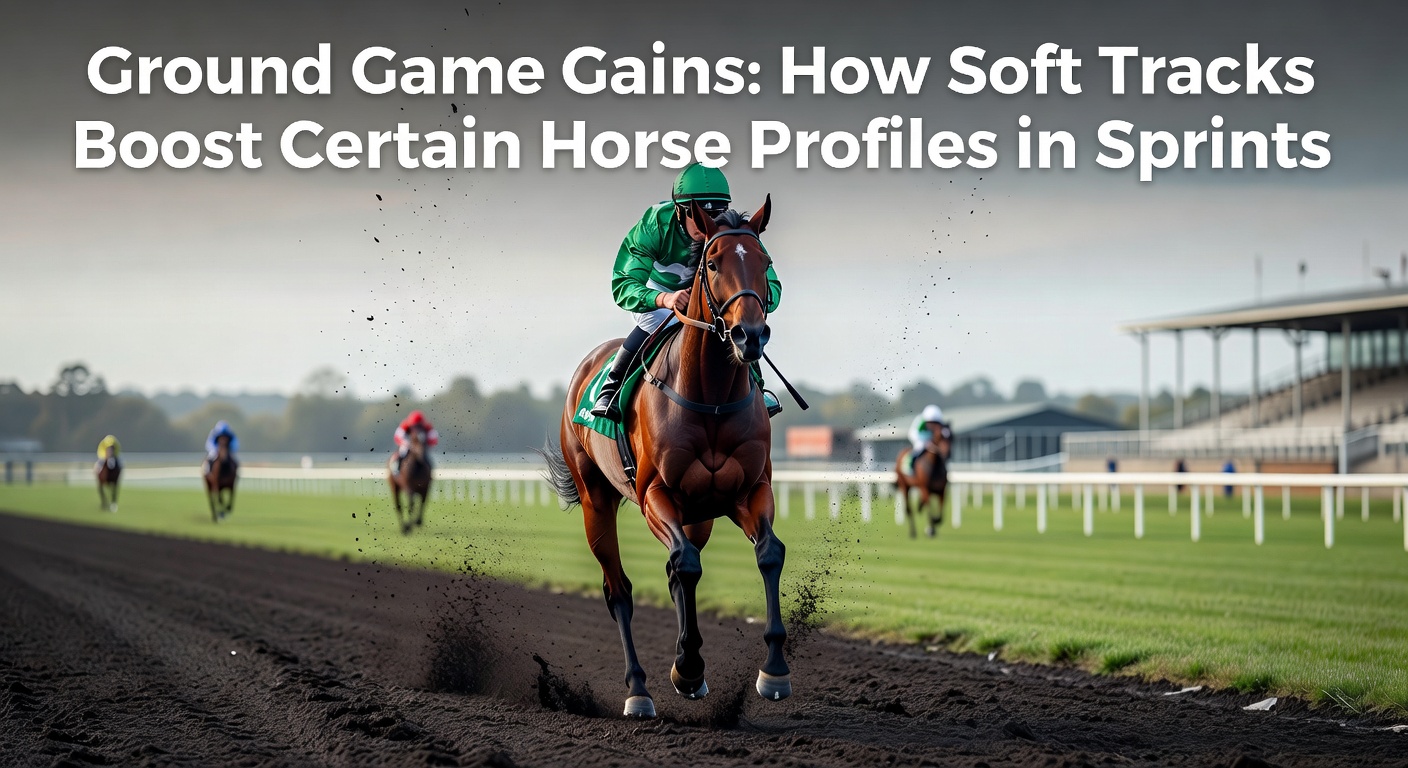 A sprint horse powering through a soft, muddy track during a high-stakes race, kicking up divots as it surges ahead