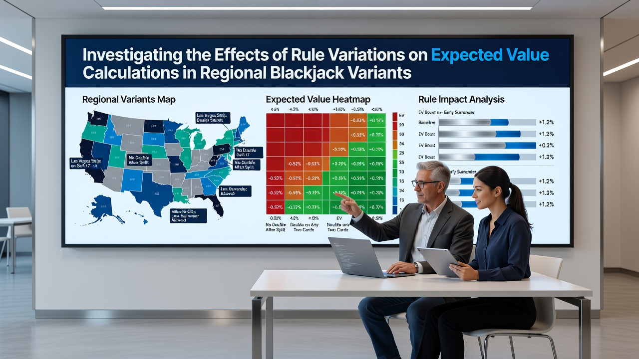 Diagram showing blackjack table layouts with various regional rule indicators and expected value calculations