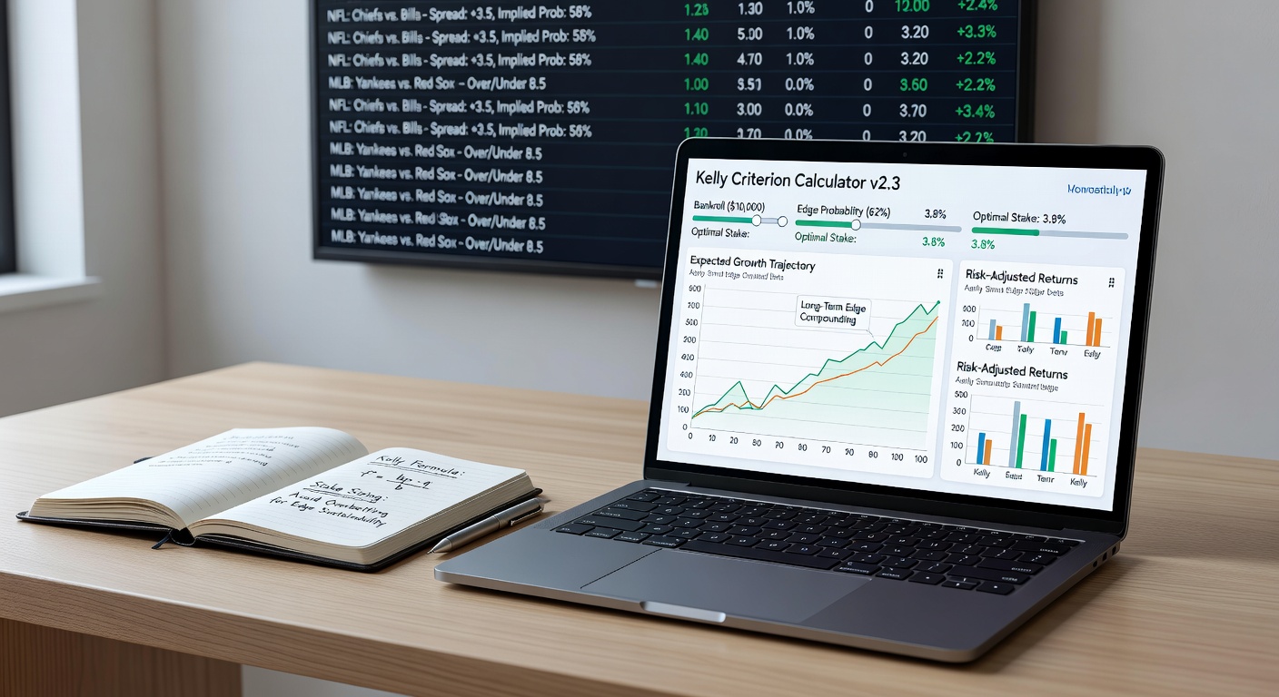 Sports bettor analyzing Kelly Criterion calculations on a laptop during a live NFL game, with stake sizes and probabilities displayed