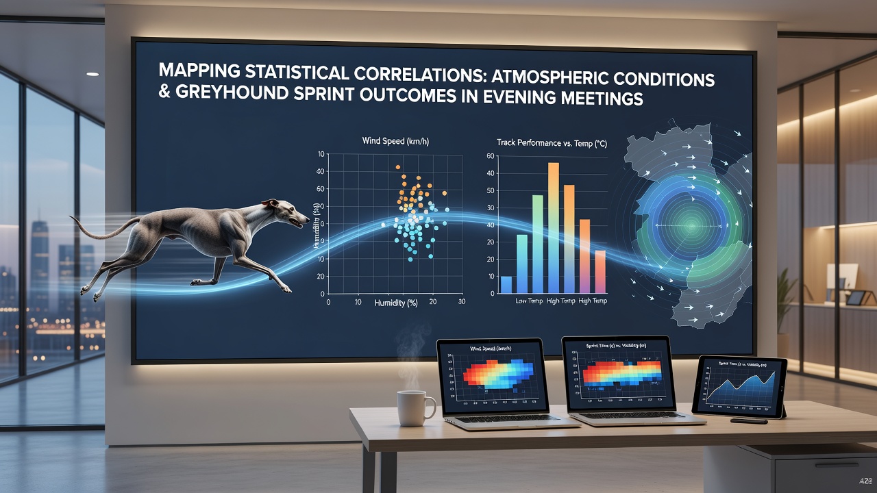 Greyhound racing track under evening lights with atmospheric data overlays showing temperature and wind patterns