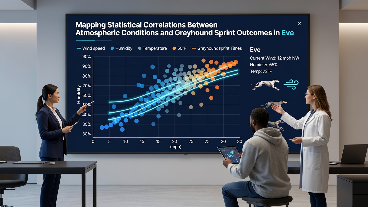 Statistical charts and graphs displaying correlations between humidity levels, wind speed, and greyhound finishing times at evening race meetings