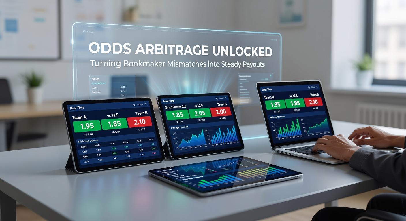 Digital dashboard displaying arbitrage betting opportunities across multiple sportsbooks with highlighted odds discrepancies
