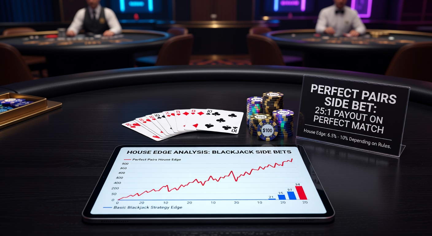 Close-up of blackjack cards forming a perfect pair, with payout odds displayed on screen
