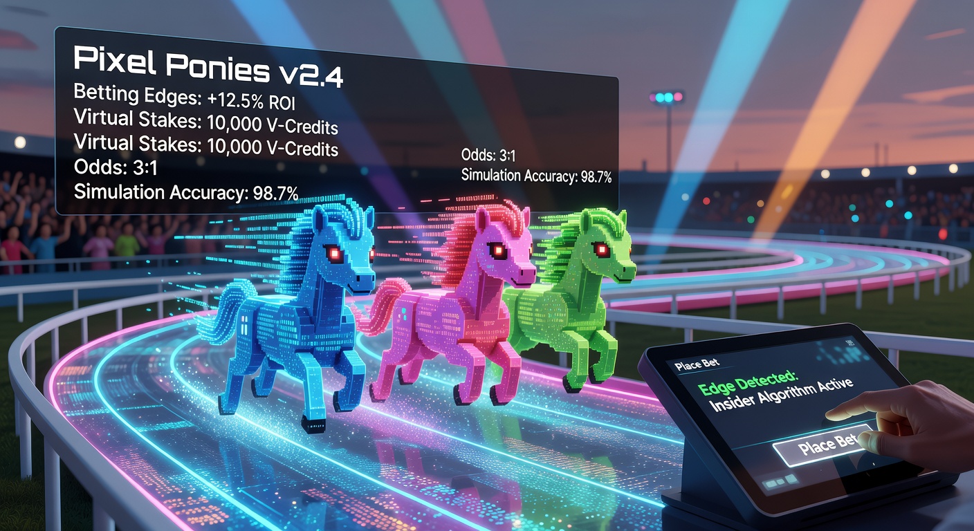 Screenshot of Pixel Ponies virtual horse race in progress, with colorful animated ponies sprinting on a digital track amid betting interfaces