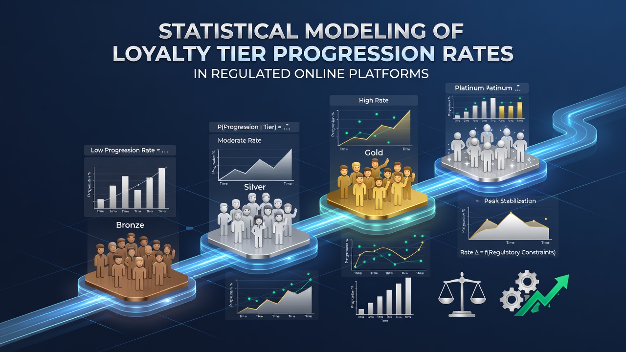 Statistical analysis dashboard showing loyalty tier progression metrics and data visualizations for online platforms