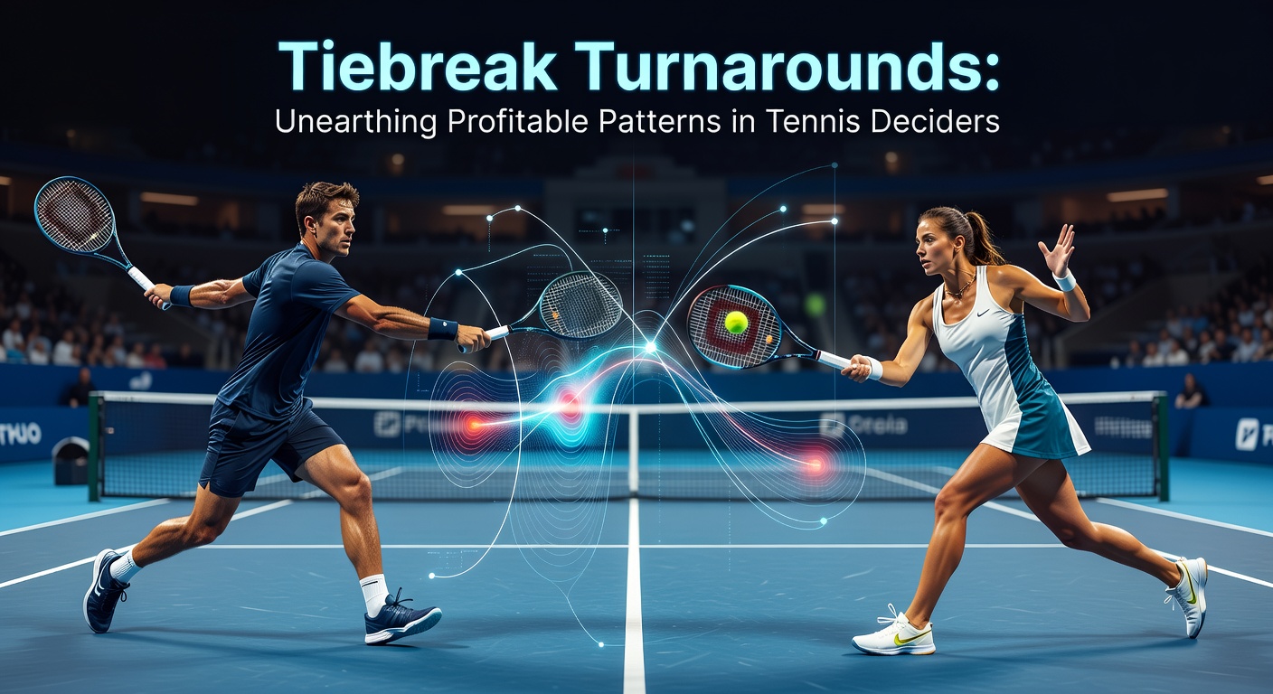 Tennis player serving intensely during a tiebreak on a clay court under stadium lights, capturing the high-stakes tension of a deciding set