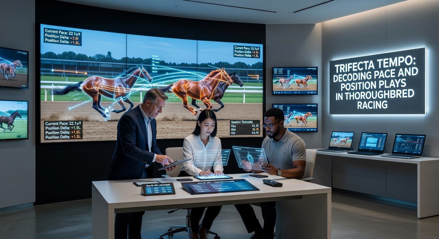 A detailed pace chart overlay on a thoroughbred race replay, highlighting positional shifts and speed figures for top contenders