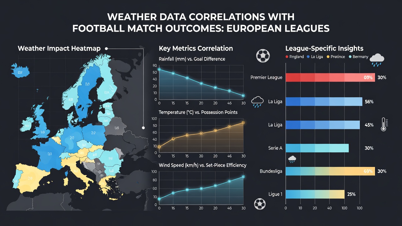Football pitch under varying weather conditions with overlaid match statistics